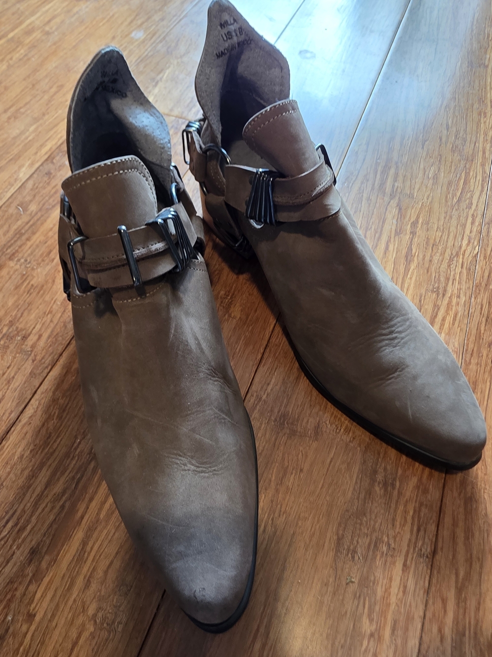 Brown Pointed Toe Ankle Booties with Buckle Accent